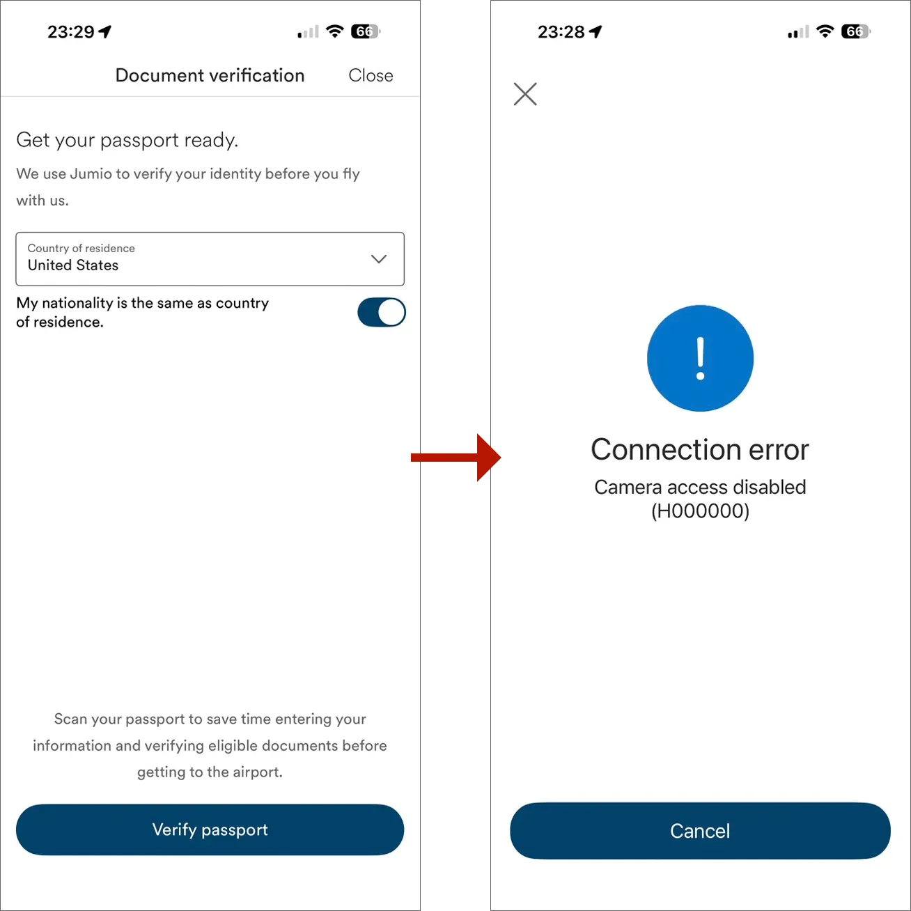 Screenshot of iOS app with “Connection Error message”